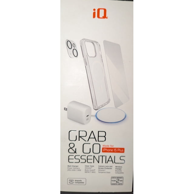 iQ Grab & Go Essential Kit for iPhone 15 Plus | Premium Accessory Bundle with iSHIELDZ Screen Protector, Clear Slim Case, MagSafe-Compatible Wireless Charging Pad, and 30W PD Wall Charger