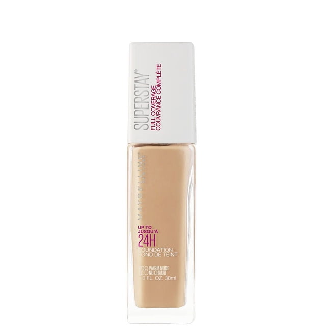 Maybelline New York Super Stay® Full Coverage Foundation, 30 ml in shade 28 Warm Nude, in a clear rectangular glass bottle with a white cap featuring red and gray text, offering 24-hour wear and full coverage for a flawless finish, often used for blending with fingertips or sponge.