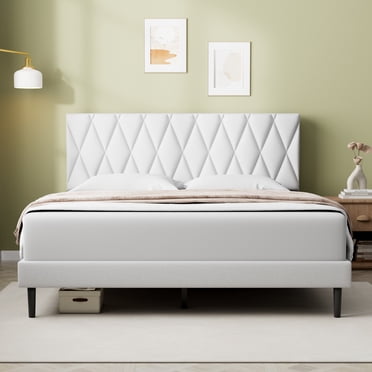 Queen Bed Frame, Queen Size Platform Bed With Fabric Upholstered Headboard, White