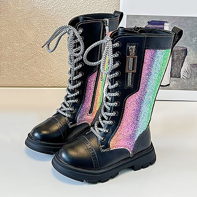 Mevxay Girls Lace Up Riding Combat Boots Fall Kids Mid Calf Shoes PU Leather Side Zipper Cowboy Punk Cute Goth Boot Black 34