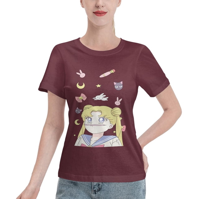 T-Shirt Basique à Manches Courtes pour Femmes Sailor Moon Lièvre Lunaire