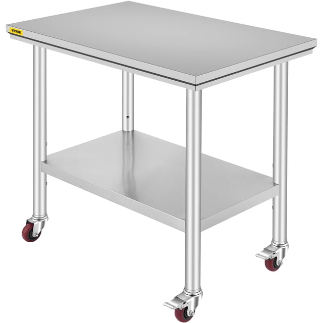 VEVOR Table de Travail en Acier Inoxydable 36 X 24 Pouces avec 4 Roues, Conçue pour une Utilisation Robuste dans les Cuisines Commerciales, les restaurants et les Zones de Préparation des Aliments. Comprend une construction durable en Acier Inoxydable Non Magnétique, une Résistance à la corrosion, une Tablette Inférieure Ajustable, des Tiges de support Renforcées et des Roulettes Verrouillables pour la Mobilité. Convient aux applications d'Établi à Outils dans les garages Ou les Buanderies.
