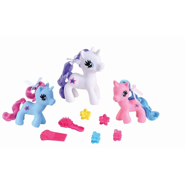 Ensemble Little Unicorn pour Enfant avec Trois Jouets Unicorn en Plastique pastel en Blanc, Bleu et Rose, Chacun avec un Symbole Étoile et des Rubans Noués dans la Mâne, plus des Accessoires pour Cheveux Incluant une Brosse Rose, un Peigne et des Pinces en Forme de Fleur et de Papillon, Conçu pour le Jeu Imaginatif de Maison de Poupée et Adapté à la Pratique du Style.