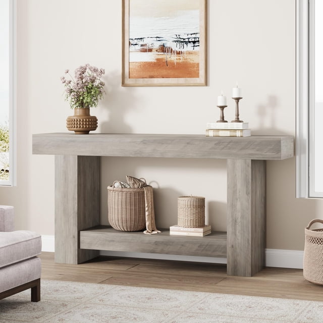 Longue Table Console, Table de Canapé Style Ferme à 2 Niveaux derrière le Sofa, Console d'Appoint Rectangulaire avec Rangement pour Couloir, Vestibule, Entrée