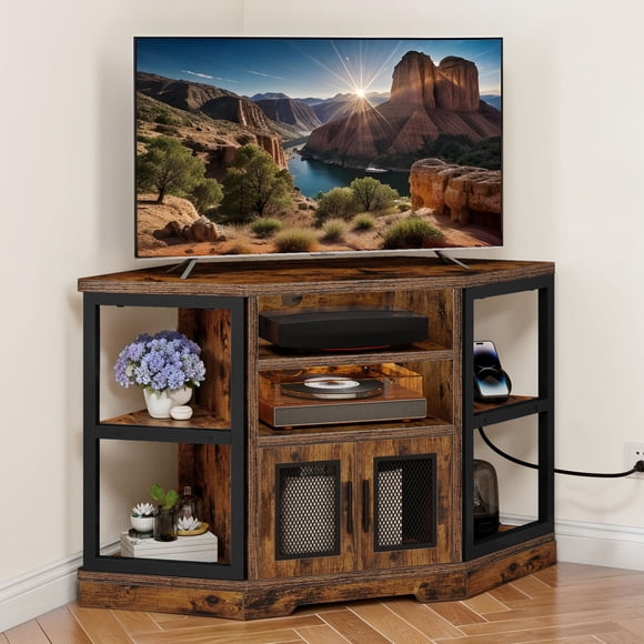 DEXTRUS 47.5" Farmhouse Corner TV Stand for TVs up to 55 inch with Power Outlet, Wood Entertainment Centre, TV Media Console with Storage, Walnut