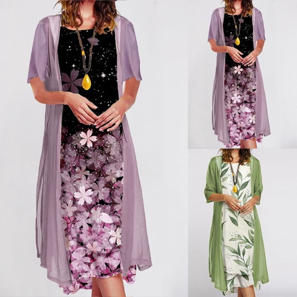 CEHVOM Women Two Piece Dress with Cardigan Set,Elegant Dress Sets for Women Business Casual Round Neck Floral Print Flowy Summer Dresses for Women 2024