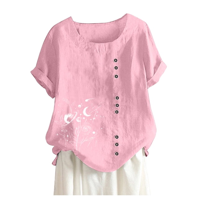 Pompotops T-Shirt Décontracté Ample en Lin pour Femmes Grande Taille Quotidien Boho Tunique