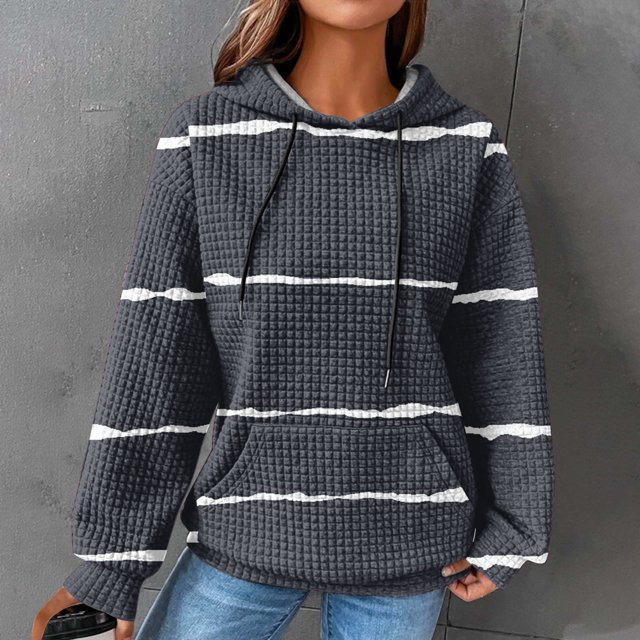EGNMCR Sweat à Capuche à Manches Longues pour Femmes, Imprimé Rayé, avec Poches, Automne
