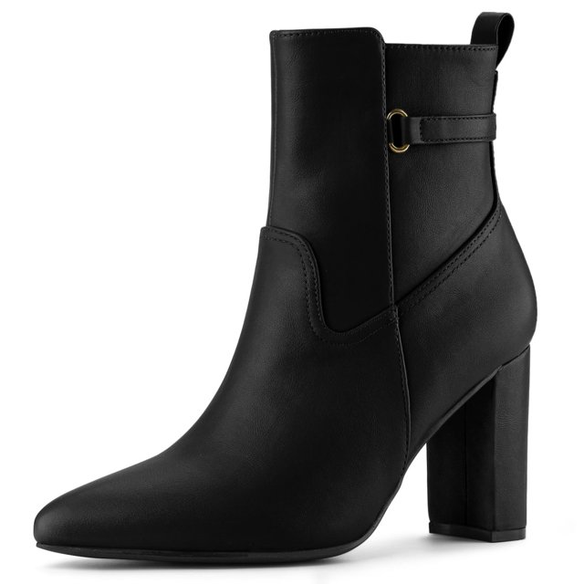 Unique Bargains Women's Strap Decor Point Toe Block High Heels Ankle Boots