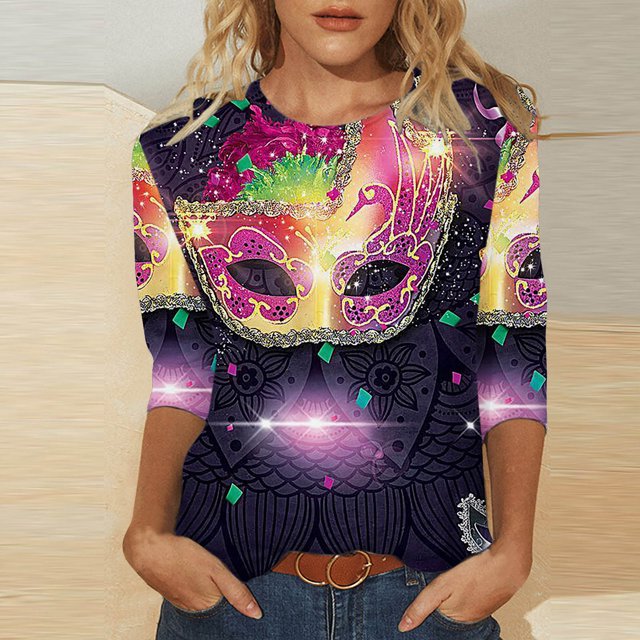 Tenue de Carnaval pour Femmes, T-Shirts de Croisière de Carnaval pour Femmes, Masque Pailleté Graphique Vêtements de Mardi Gras Femmes Grande Taille, Mode T-Shirts à Col Rond à Manches 3/4 Imprimés Masque de Carnaval pour Femmes Hauts de Carnaval
