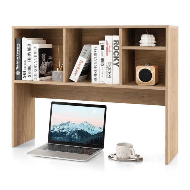 Costway Computer Desktop Bookcase Countertop Storage Bookshelf Organizer with 4 Cubbies Natural