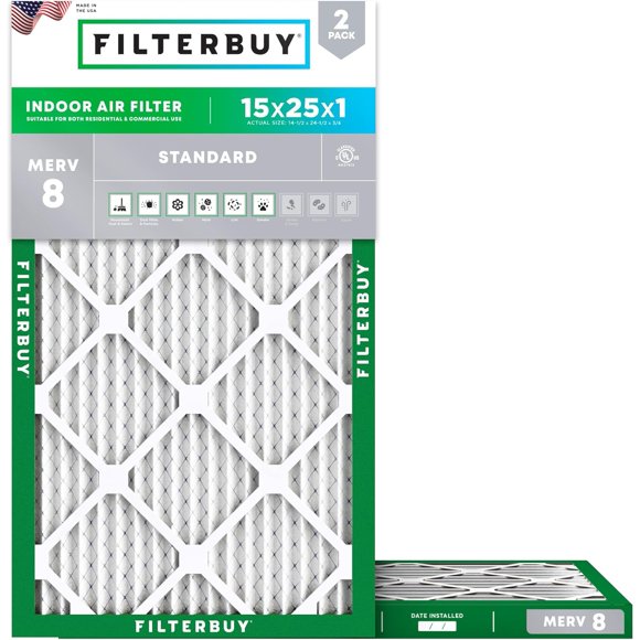 Filterbuy 15x25x1 MERV 8 (MPR 600) Dust Defense, Pleated HVAC AC Furnace Air Filters (2-Pack)