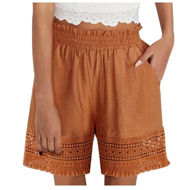 Yanlir Women's Summer Lace Splicing Wide Leg Pants Solid Color Loose and Hollow Short Design Shorts with Pockets for Comfortable and Everyday Wear