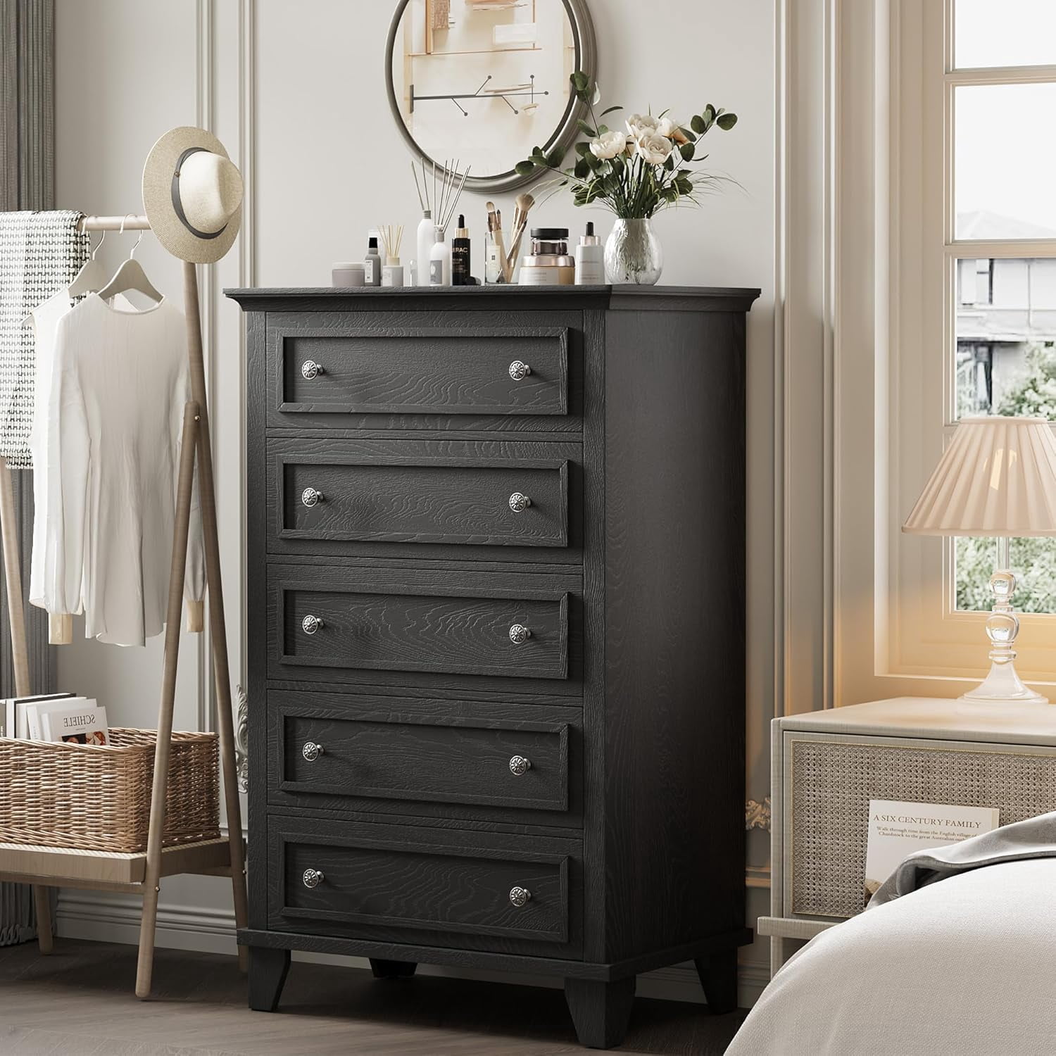 Black 5 Drawer Dresser for Bedroom, 48" Tall Wood Dresser & Chests of Drawers with Deep Drawers, Modern Chest Organizer with Metal Handles for Living Room, Hallway, Entryway