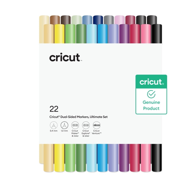 Cricut® Dual-Sided Markers, Ultimate Set (22 ct) with 22 markers in popular colors including yellow, green, blue, purple, pink, red, brown, gray, and black. Each marker has a 0.4 mm fine point pen tip and a 1.0 mm marker tip, designed for arts and crafts like writable vinyl, custom cards, and labeling. Compatible with Cricut Maker®, Explore®, and Venture™ machines, also suitable for detailed drawing and creative projects.