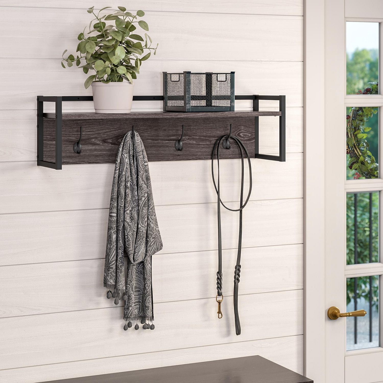 RiverRidge® Home Afton Collection 8.88-inch H x 31.63-inch W x 7.88-inch D Metal Frame Wall Shelf with 4-Hooks in Weathered Wood