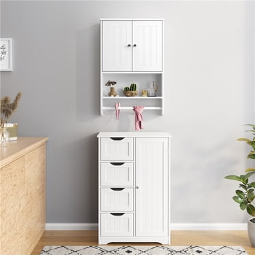 Yaheetech Wall Mounted Bathroom Storage Cabinet with Adjustable Shelves and Open Cubby, White