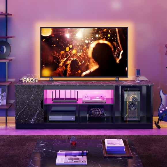 Bestier Meuble TV à DEL de 63 Pouces pour Téléviseurs jusqu'à 70 Pouces, Centre de Divertissement de Jeu avec Rangement PS5, Table Console Multimédia Moderne avec Étagères de Rangement à 2 Niveaux, Marbre Noir
