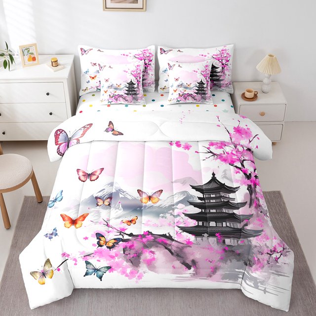 YST Cherry Blossoms and Butterflies 7-Piece Comforter Set, Twin Size, Mount Fuji Theme, White