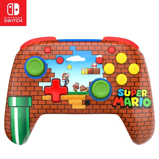Turtle Beach Rematch Wireless Controller Mario Bricks for Nintendo Switch, Switch Lite, and OLED Model featuring a lenticular Super Mario brick pattern, green analog sticks, red D-pad, yellow action buttons, two programmable back buttons, and low latency wireless connection.