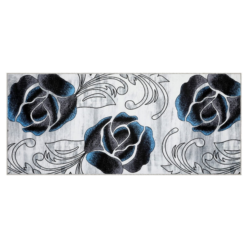 Marina Decoration Décor Tapis de Couloir de Luxe Antidérapant en Caoutchouc, Design Floral Rose Noir Bleu, 26 x 60 Pouces
