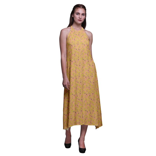 Bimba Robe de Plage d'Été pour Femmes, Dos Nu, Col Licou, à Imprimé de Feuilles - Très Petit