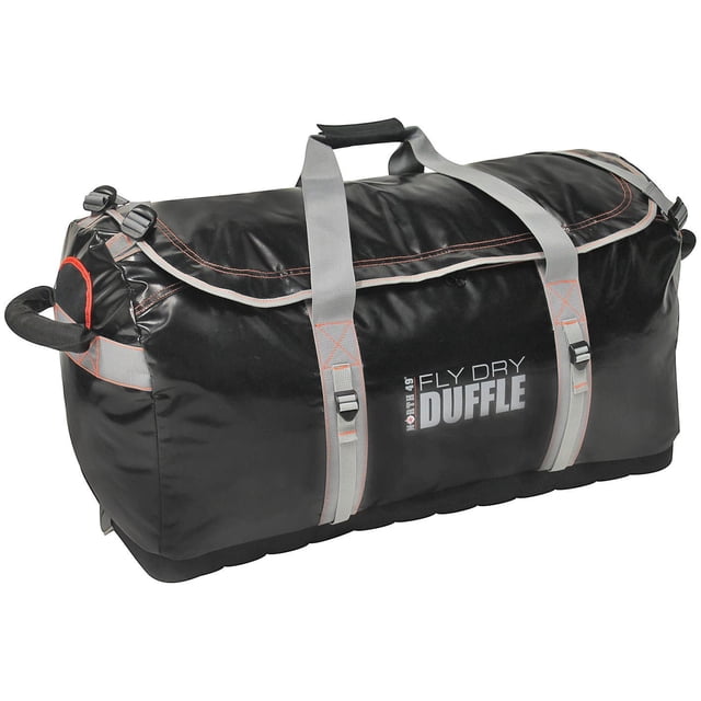 North 49 Fly Dry Duffle - Large black water-resistant duffle bag with grey padded straps, reinforced molded bottom, heavy-duty zippers, and side compression straps for secure carrying and gear attachment, suitable for camping and travel.