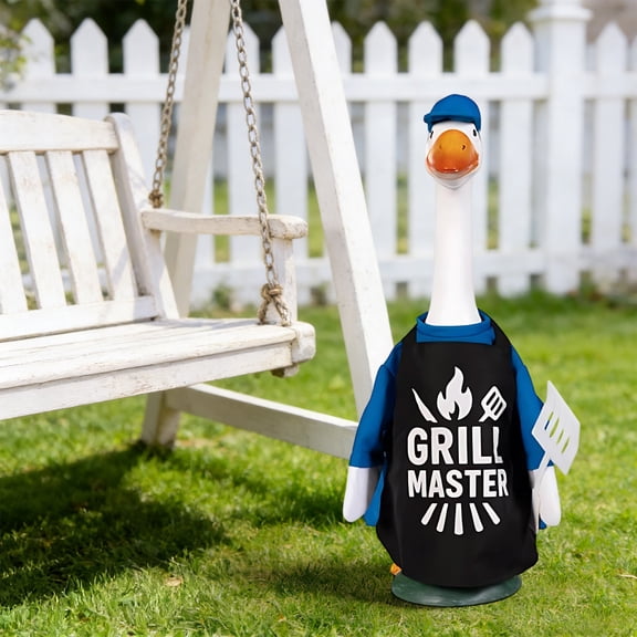 CaiYueKe Chef Porch Goose Outfit, Grill Master Porch Goose Costume with Blue Chef Coat, Black Apron, Spatula & Matching Hat for 23" Geese Statue Lawn Patio Yard Garden Decor