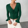 thumbnail image 2 of Plebaso Women's Spring Summer Tops Crop Bell Long Sleeve Ribbed Shirts V Neck Drawstring Casual Knit Tee, 2 of 6