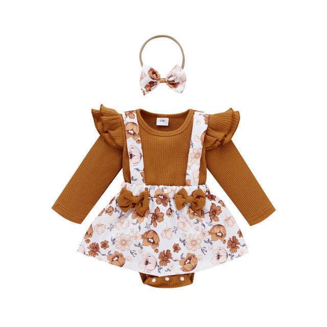 Kmbangi Tenue Bébé Fille Florale Bretelles Jupe Barboteuse + Bandeau