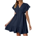 thumbnail image 2 of Offres jusqu'à 70 % de Rabais! Hauts d'Été pour Femmes 2024 Grande Taille Robes de Mode Manches Courtes Col en V Cordon Décontracté à Volants Robe Trapèze Courte Cadeau pour Femmes en Solde, 2 of 9