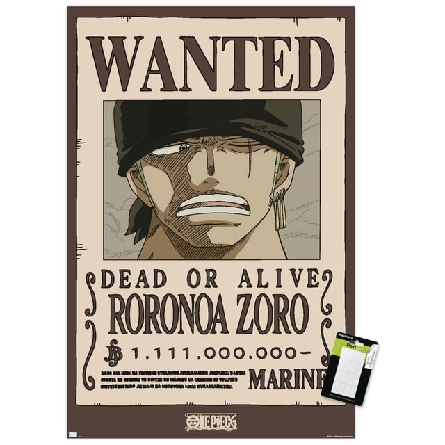 One Piece - Roronoa Zoro Wanted Poster Wall Poster features a centered close-up of Roronoa Zoro's face with a black bandana and three gold hoop earrings on his left ear, grimacing. The beige poster displays 'WANTED DEAD OR ALIVE RORONOA ZORO' with a 1,111,000,000 bounty and includes the One Piece logo and marine emblem. This glossy wall art is ideal for bedroom or office decoration.