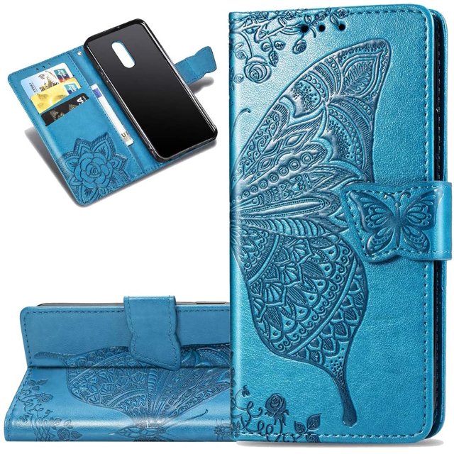 Case Premium PU Leather Flip Wallet Case Butterfly Embossed Full Body Protection Flip Stand Card Holder Magnetic Cover for iPhone 6 Plus(Blue)