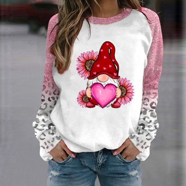 Qertyioot T-Shirt Graphique pour Femmes de la Saint-Valentin à Manches Longues, Blouse Imprimée à Col Rond, Tunique Décontractée