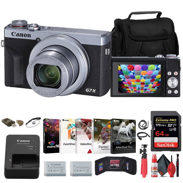 Canon PowerShot G7 X Mark III Digital Camera in silver, a compact point-and-shoot camera with a 20.1MP 1-inch CMOS sensor, DIGIC 8 processor, and 4.2x zoom lens covering 24-100mm focal length. Bundle includes a 64GB memory card, NB13L battery, charger, card reader, Corel photo software, HDMI cable, soft case, flexible tripod, and cleaning kit.
