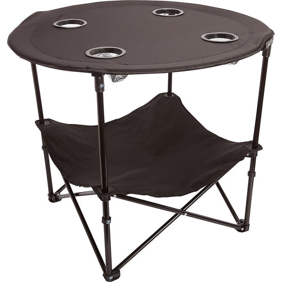 Preferred Nation | 2 Tier Folding Camping Table with 4 Mesh Cup Holders Black | Polyester with Metal Frame | Compact Convenient Carry Case Included | Side Table for Tailgate