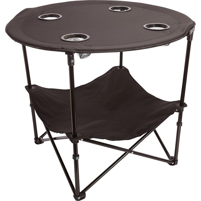 Preferred Nation | 2 Tier Folding Camping Table with 4 Mesh Cup Holders Black | Polyester with Metal Frame | Compact Convenient Carry Case Included | Side Table for Tailgate