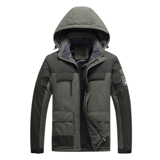 Men Casual Patchwork Thicken Multi Pocket Hooded Zipper Windproof Waterproof Breathable Jacket Coats in a dark green and black patchwork design. The jacket features a detachable hood, multiple front pockets, and a full zipper closure. Made from waterproof and breathable polyester fabric, it is designed for winter and autumn outdoor activities, offering warmth, windproofing, and wear resistance. Suitable for hiking, camping, and snow sports.