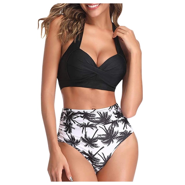 Women Vintage Swimsuit Two Piece Retro Halter Ruched High Waist Print Bikini Set