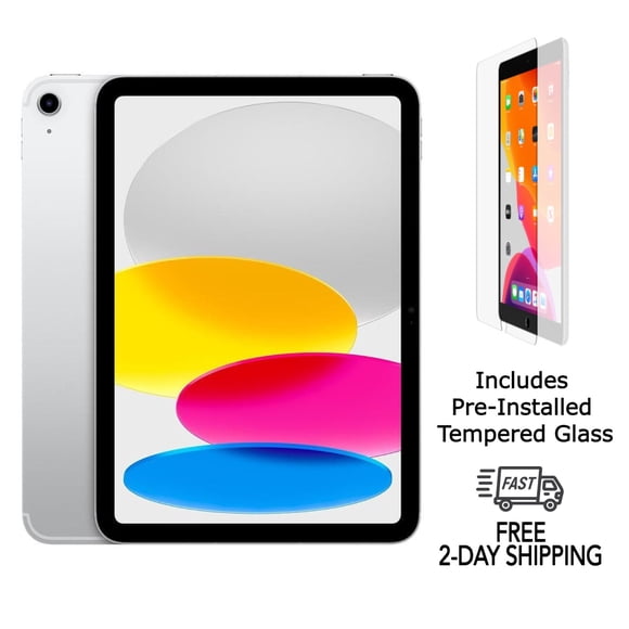 Refurbished Apple iPad 10th Gen A2696 (WiFi) 64GB Silver (Grade A) w/ Pre-Installed Tempered Glass
