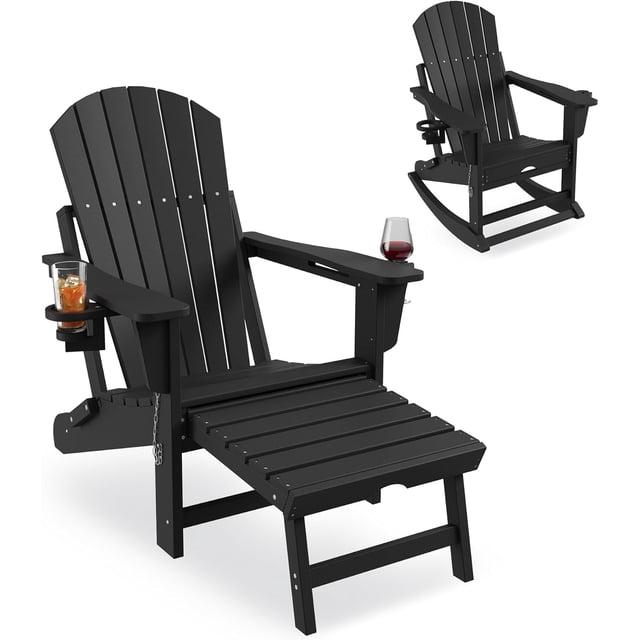 YUSAZENS Rocking Adirondack Chairs - Folding Rocking Chair with Footrest, Outdoor Chair with Retractable Ottoman and Cup Holder Black
