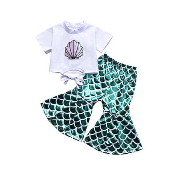 Girls Fashion Shell Printed Lace up Top Cute Mermaid Fish Scales Bell-bottomed Pants Two Piece Set