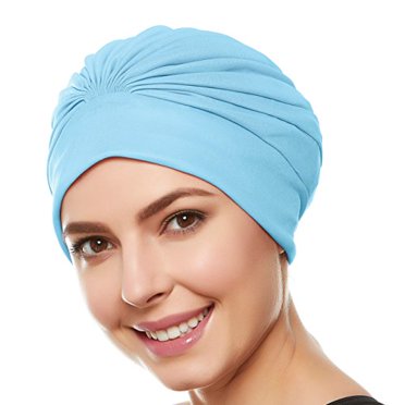 Beemo Women's Swim Bathing Cap Turban Polyester Latex Lined Pleated for Women & Girls Long/Short Hair - Light Blue