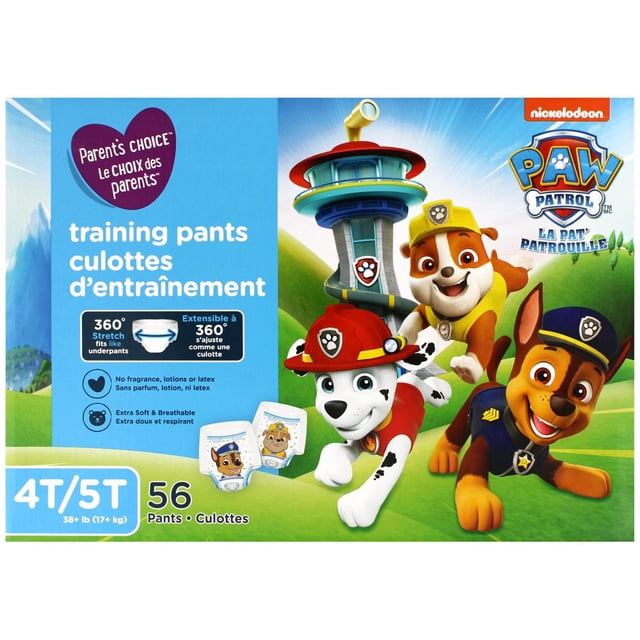 Parent’s Choice Training Pants 4T/5T size pack with 56 extra soft, breathable pull-up pants featuring 360° stretch for underwear-like fit. Packaging shows Nickelodeon Paw Patrol characters Marshall and Chase by the lookout tower, highlighting no fragrances, lotions, or latex, double leak guards, and wetness indicator for potty training.