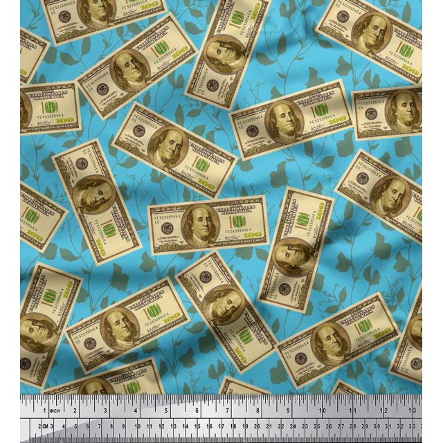 Soimoi Velvet Fabric Dollar Currency Note & Leaves Printed Fabric 1 Yard 58 Inch Wide