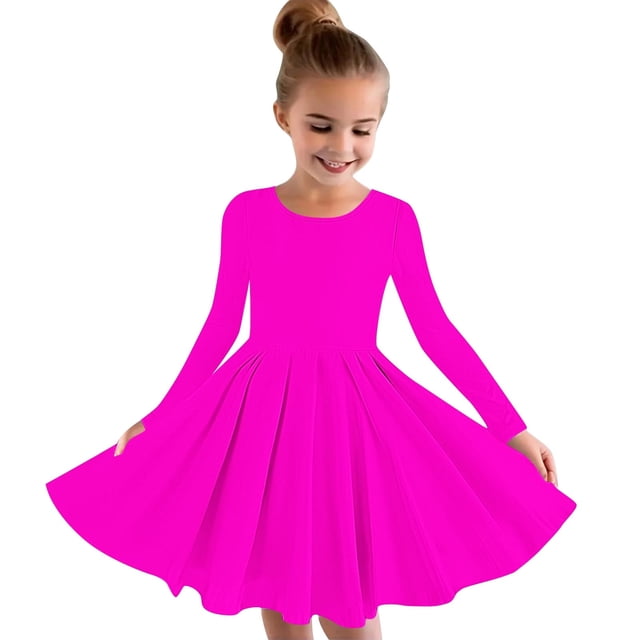 MeetoTime Robe de Performance pour Filles à Manches Longues, Couleur Unie, Col Rond, Extensible, Robe de Récital Scolaire, 4-14 Ans, Vêtements pour Enfants