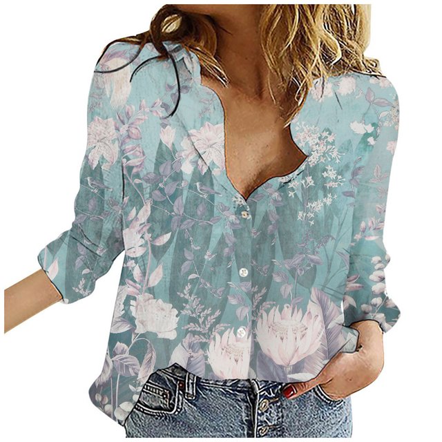 IROINID Rabais Womens Hauts Grande Taille Détente Col Rabattu Haut Ample Boutonné Manches Longues Imprimé Blouse, Bleu