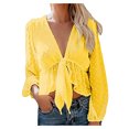 thumbnail image 1 of Pompotops Women's Sexy Solid Color Deep V-Neck Lantern Sleeves Ruffled Blouse Top, 1 of 9