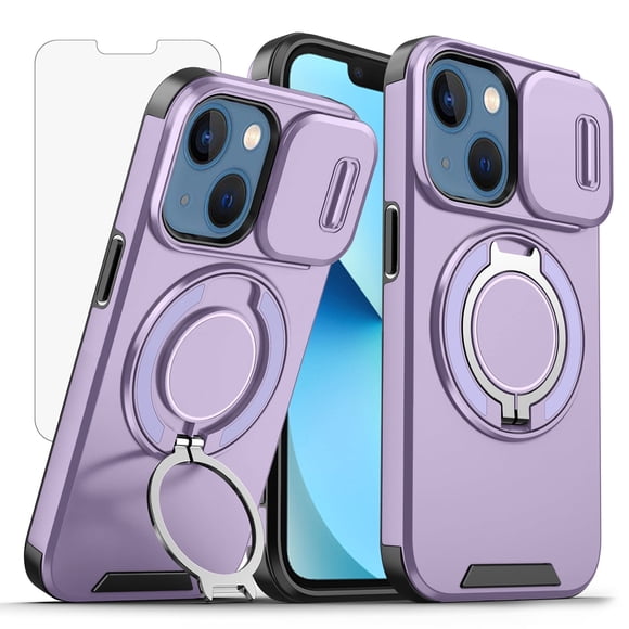 Asuwish Compatible with iPhone 13/iPhone 14 6.1 inch Phone Case Slide Camera Cover Tempered Glass Screen Protector Stand Ring Holder Rugged Slim Cell for iPhone13 5G i i-Phone14 i14 Women Men Purple