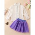 thumbnail image 2 of Faithtur Kid Girl Spring 2Pcs Outfit Swiss Dot Mesh Long Sleeve Button Shirt Tulle A-Line Skirt Set, 2 of 8